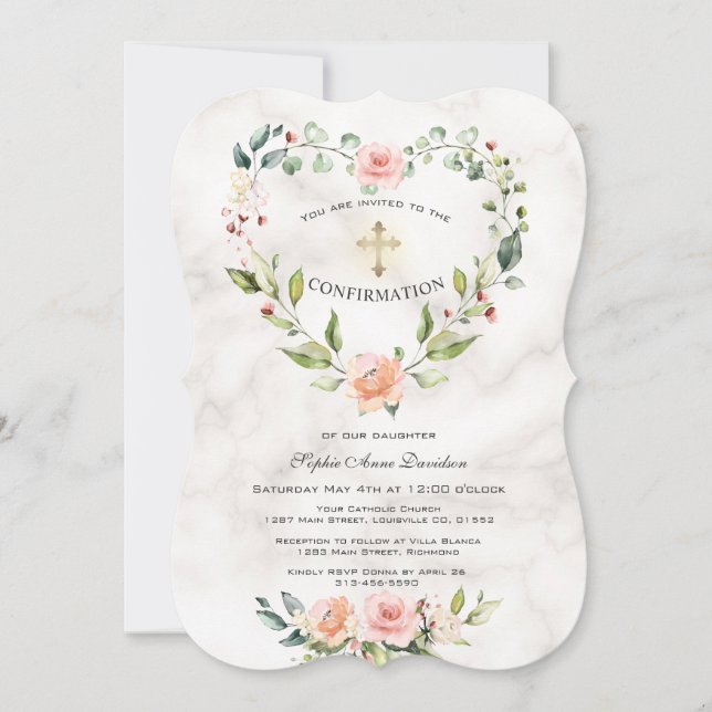 Invitation Fleurs roses Cadre cardiaque Marbre Fille Confirma (Devant)