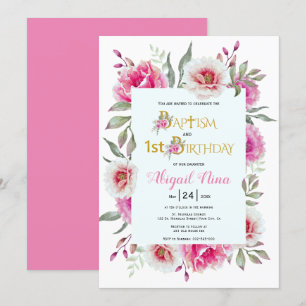 Invitation Fleurs roses chaudes fille baptême et 1er annivers