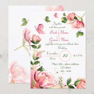 Invitation fleurs roses chaudes vert feuille papillons mariag