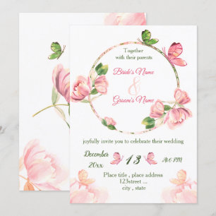 Invitation fleurs roses chaudes vert feuille papillons mariag