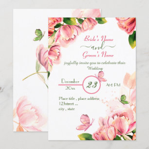Invitation fleurs roses chaudes vert feuille papillons mariag