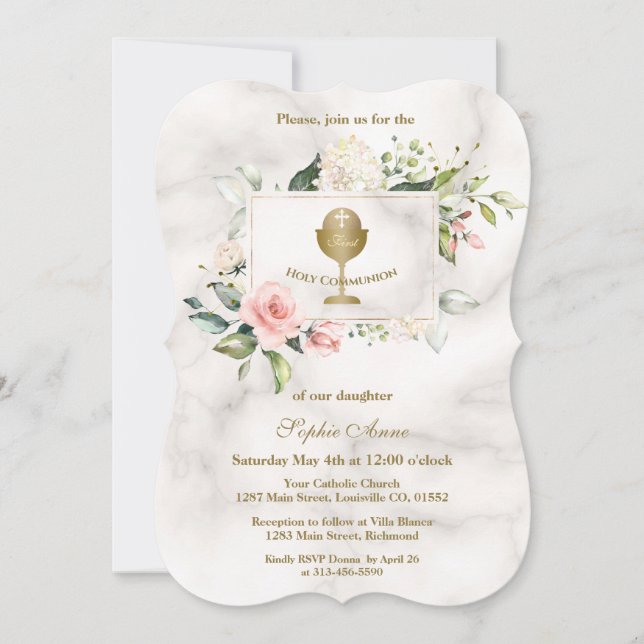 Invitation Fleurs roses Chic Frame Fille Marbre Sainte Commun (Devant)