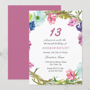 Invitation Fleurs roses colorées Filles 13e fête d'anniversai