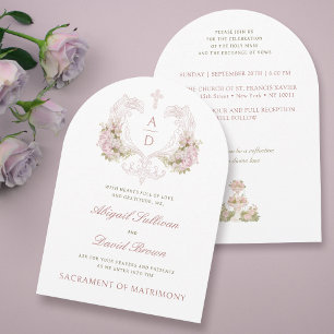Invitation Fleurs roses Crest Monogrammes Mariage catholique