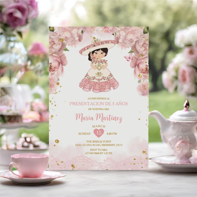 Invitation Fleurs Roses Cute Niña Presentación De Tres Años (Créateur téléchargé)