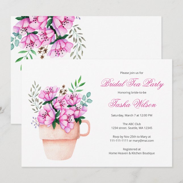 Invitation Fleurs roses dans une Teacup Fête des mariées Tea  (Devant / Derrière)