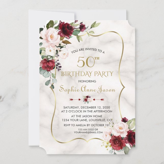 Invitation Fleurs roses de Bourgogne Marbre d'or 50e annivers (Devant)
