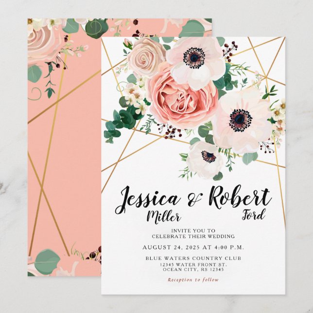 Invitation Fleurs roses de corail Élégant Mariage Nom (Devant / Derrière)