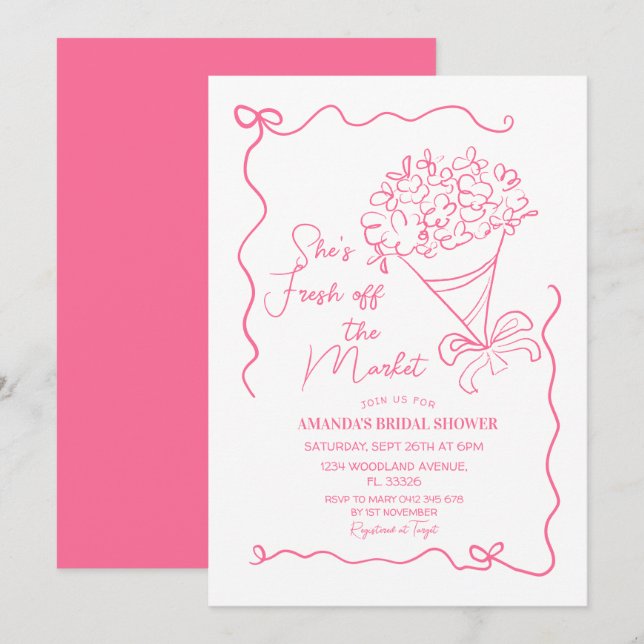 Invitation Fleurs roses De La Fête des mariées Du Marché (Devant / Derrière)