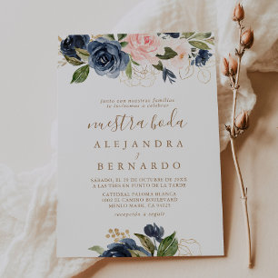 Invitation Fleurs roses dorées Mariage Nuestra Boda