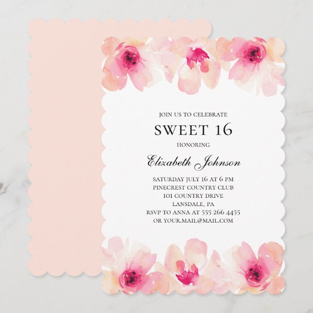 Invitation Fleurs roses douces 16. 16e anniversaire de florai (Devant / Derrière)