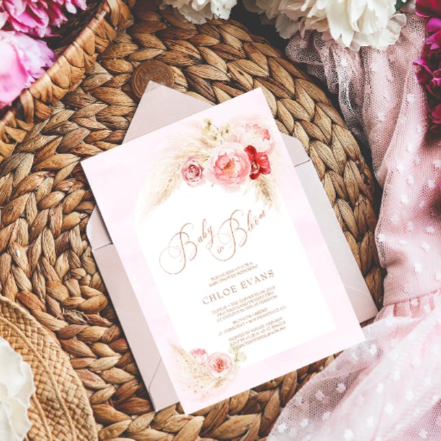 Invitation Fleurs roses douces Élégant Baby shower fille Boho (Créateur téléchargé)
