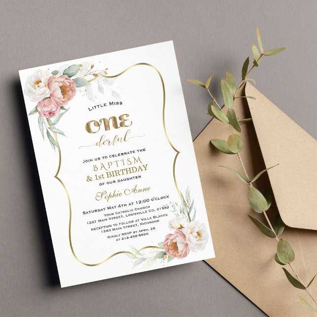 Invitation Fleurs Roses Dusty Blanches Premier Anniversaire & (Créateur téléchargé)