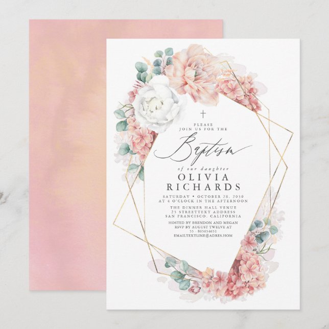 Invitation Fleurs Roses Dusty Élégantes Filles Baptême Invita (Devant / Derrière)