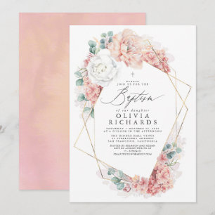 Invitation Fleurs Roses Dusty Élégantes Filles Baptême Invita