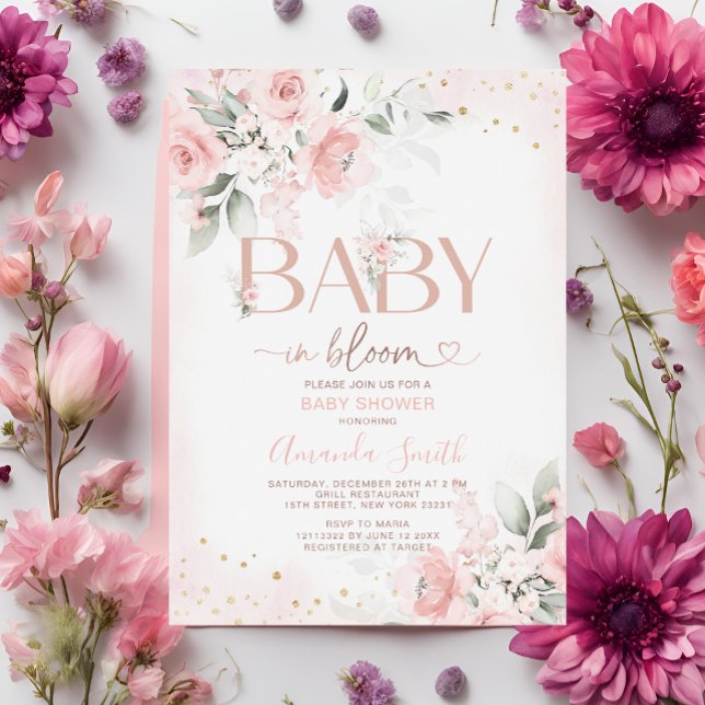 Invitation Fleurs Roses Élégantes Bébé Dans Le Baby shower En (Créateur téléchargé)
