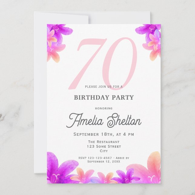 Invitation Fleurs roses élégantes Floral 70e Anniversaire (Devant)