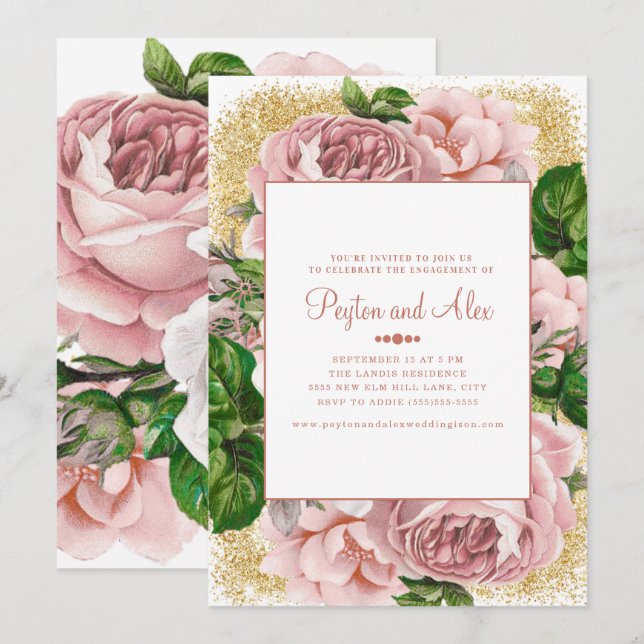 Invitation Fleurs roses élégantes Parties scintillant d'or (Devant / Derrière)