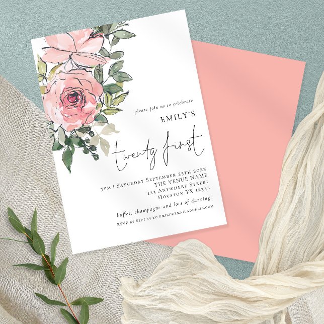 Invitation Fleurs roses élégantes Vingt et unième fête d'anni (Créateur téléchargé)
