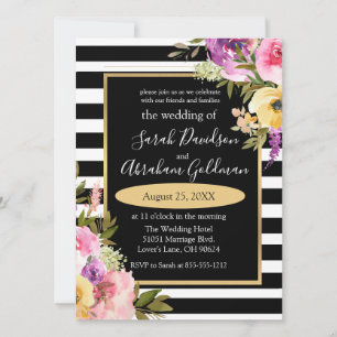Invitation Fleurs Roses en noir et blanc Inv Mariage 