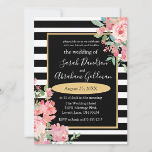 Invitation Fleurs Roses en noir et blanc Inv Mariage 