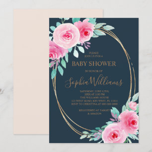 Invitation Fleurs roses et Baby shower de la Marine Eucalyptu