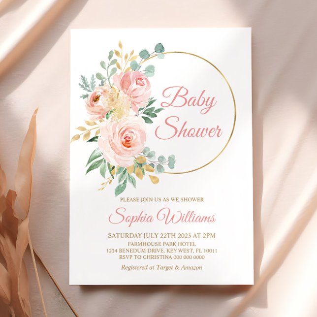 Invitation Fleurs roses et Baby shower or (Créateur téléchargé)