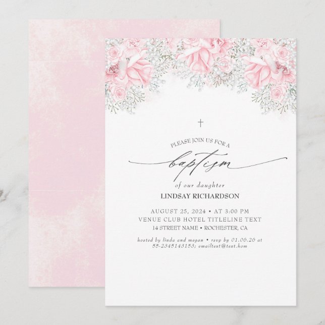 Invitation Fleurs roses et Baptême de petite fille (Devant / Derrière)
