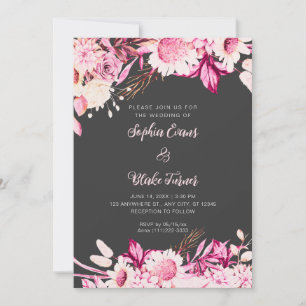 Invitation Fleurs roses et blanches Boho Mariage Gris