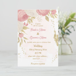 Invitation fleurs roses et blanches or mariage botanique