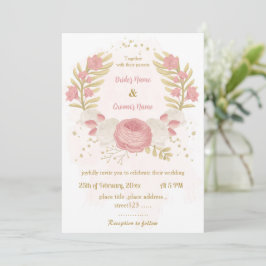 Invitation fleurs roses et blanches or mariage de couronne bo