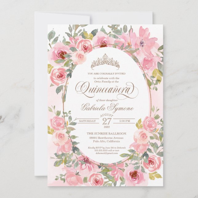 Invitation Fleurs roses et bleues Aquarelle Florale Quinceane (Devant)