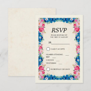 Invitation Fleurs roses et bleues Fancy Elegant RSVP