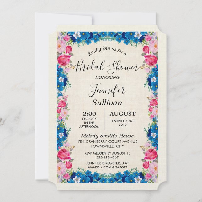 Invitation Fleurs roses et bleues Fête des mariées soignée (Devant)