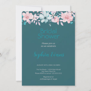 Invitation Fleurs roses et bleues Fête des mariées verte