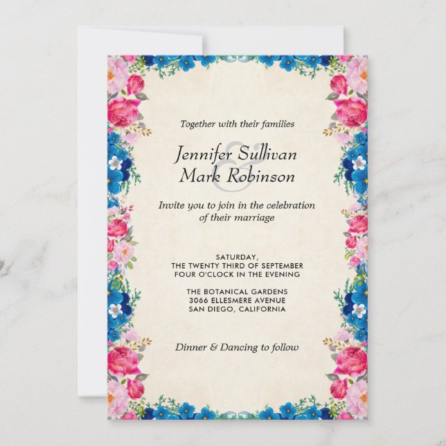 Invitation Fleurs roses et bleues sur Faux Parchment Mariage (Devant)