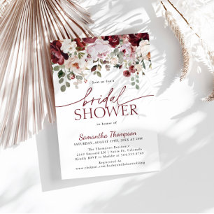 Invitation Fleurs roses et bordeaux, douche de mariée florale