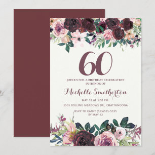 Invitation Fleurs roses et bordeaux pour 60 ans