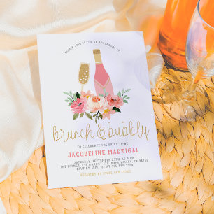 Invitation Fleurs roses et brunch doré et champagne Shower de