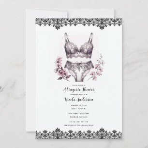 Invitation Fleurs roses et dentelle noire Lingerie de dentell
