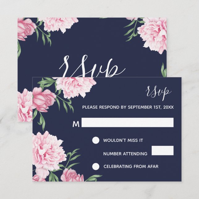 Invitation Fleurs roses et fond bleu marine | RSVP (Devant / Derrière)