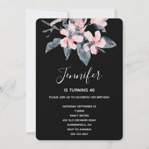 Invitation Fleurs roses et grises Élégante aquarelle Joyeux A