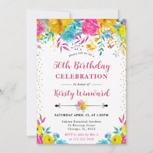 Invitation Fleurs roses et jaunes à l'aquarelle 50e anniversa