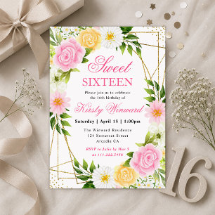 Invitation Fleurs roses et jaunes Cadre doré Sweet 16