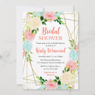 Invitation Fleurs roses et menthe Cadre doré Baby Shower