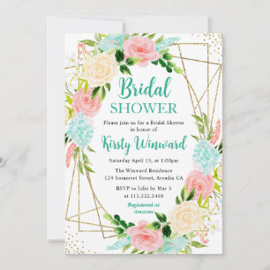 Invitation Fleurs roses et menthe Cadre doré Baby Shower
