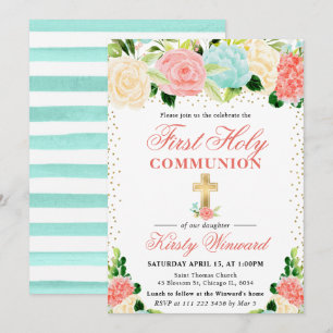 Invitation Fleurs roses et menthe Première communion