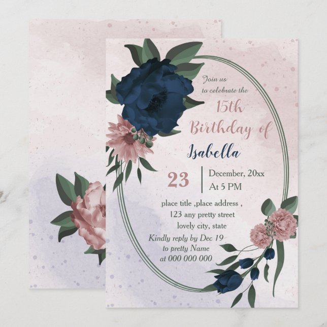 Invitation fleurs roses et navales anniversaire géométrique (Devant / Derrière)
