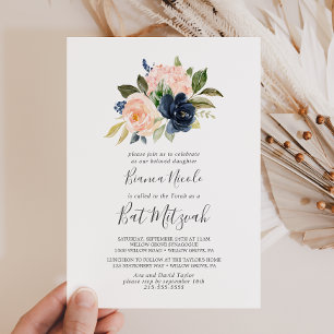 Invitation Fleurs roses et navires   Bat Mitzvah blanche