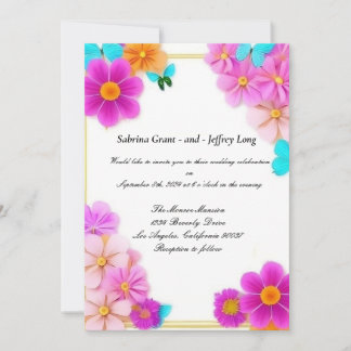 Invitation Fleurs roses et papillons Mariage